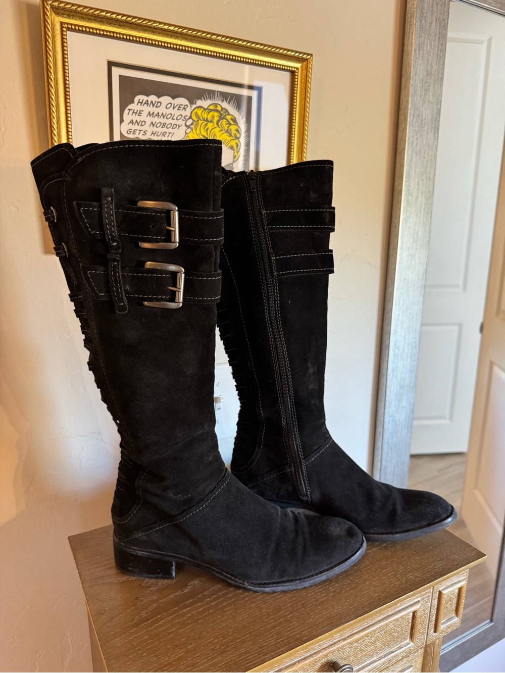Apepazza Black Suede Tall Boots with Buckle and Lace Detail
